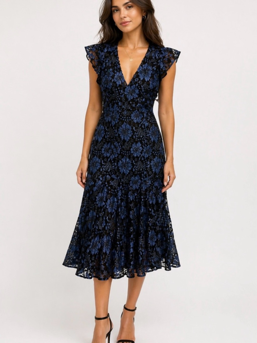 Lulu's Navy Blue Floral V-Neck Midi Dress
